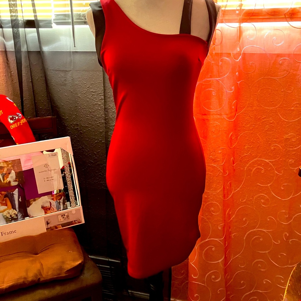 Used, Red Formal open shoulder design, no sleeves short size medium